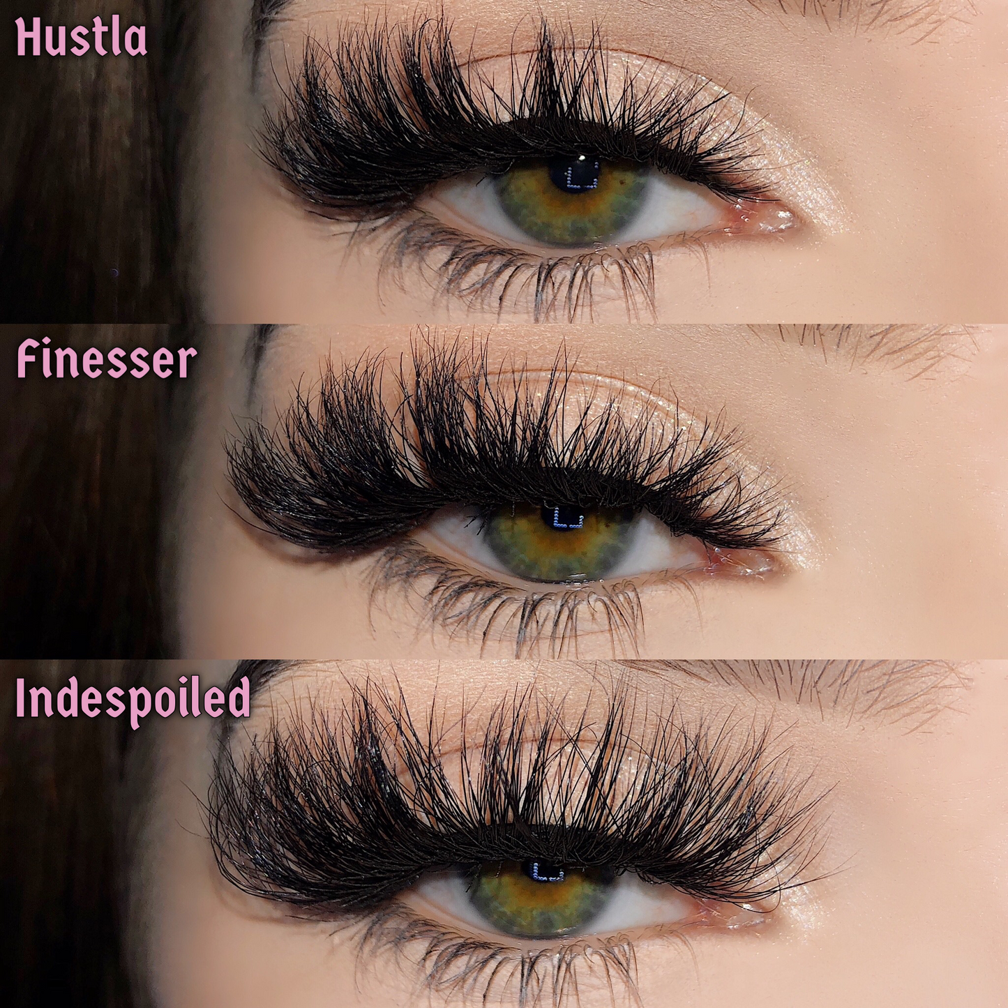Boss Up (3-Pack)-High Volume-This set includes (3) High Volume Mink lashes: Hustla Finesser Indespoiled Description Handmade, Cruelty-Free, Wear up to 30x Material: 100% Mink Band: Black Cotton Band Volume: High Volume Style: Dramatic, Long, Wispy, Cat-eye, Open-eye To Use: Measure and size your lashes by placing the false lash against your lash line where your natural lashes start. Using Mini Scissors, cut off the excess lash band length from the outer corners to ensure they fit properly. Apply
