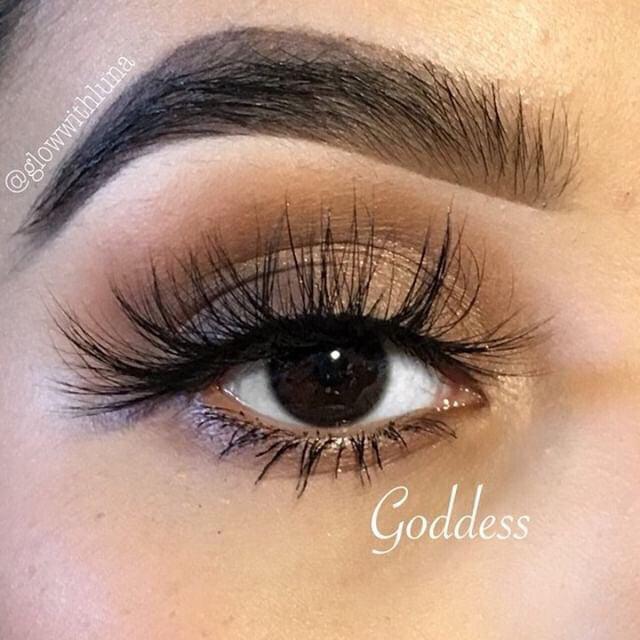 Goddess-High Volume-Our “Goddess” mink lashes feature an elongated crisscross pattern that gives you a long, wispy look. These glamorous lashes have longer hairs in center and shorter hairs on the corners for an open-eye effect. Description Handmade, Cruelty-Free, Wear up to 30x Material: 100% Mink Band: Black Cotton Band Volume: High Style: Wispy, Dramatic, Open-eye, Flirty To Use: Measure and size your lashes by placing the false lash against your lash line where your natural lashes start. Usi