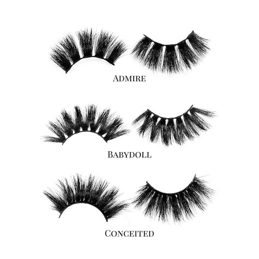 Pretty Gal (3-Pack)-Mega Volume-This set includes (3) 25mm mink lashes: Admire Babydoll Conceited Description Handmade, Cruelty-Free, Wear up to 30x Material: 100% Mink Band: Black Cotton Band Volume:Mega Volume Style: Extra Long, Dramatic, Open-eye, Cat-eye, Wispy To Use: Measure and size your lashes by placing the false lash against your lash line where your natural lashes start. Using Mini Scissors, cut off the excess lash band length from the outer corners to ensure they fit properly. Apply 