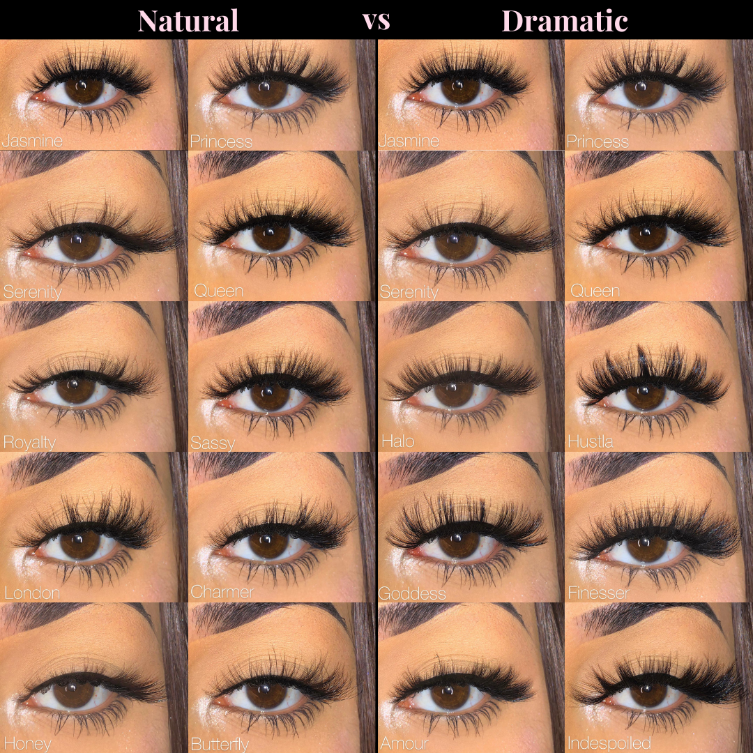 Lash Book (10-Pairs)-High Volume, Medium Volume-Each lash book includes (10) Luxury Mink lashes. The (Natural) Lash Book includes: Jasmine, Princess, Serenity, Queen, Royalty, London, Honey, Sassy, Charmer, and Butterfly The (Dramatic) Lash Book includes: Jasmine, Princess, Serenity, Queen, Halo, Goddess, Amour, Hustla, Finesser, and Indespoiled Description Handmade, Cruelty-Free, Wear up to 30x Material: 100% Mink Band: Black Cotton Band Volume: Medium/High Volume Style: Flirty, Open-eye, Doll-