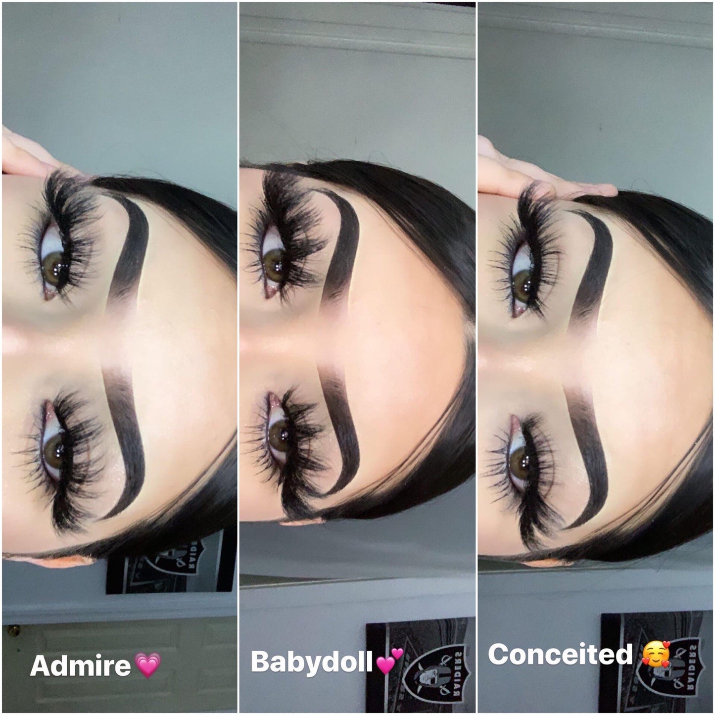 Pretty Gal (3-Pack)-Mega Volume-This set includes (3) 25mm mink lashes: Admire Babydoll Conceited Description Handmade, Cruelty-Free, Wear up to 30x Material: 100% Mink Band: Black Cotton Band Volume:Mega Volume Style: Extra Long, Dramatic, Open-eye, Cat-eye, Wispy To Use: Measure and size your lashes by placing the false lash against your lash line where your natural lashes start. Using Mini Scissors, cut off the excess lash band length from the outer corners to ensure they fit properly. Apply 